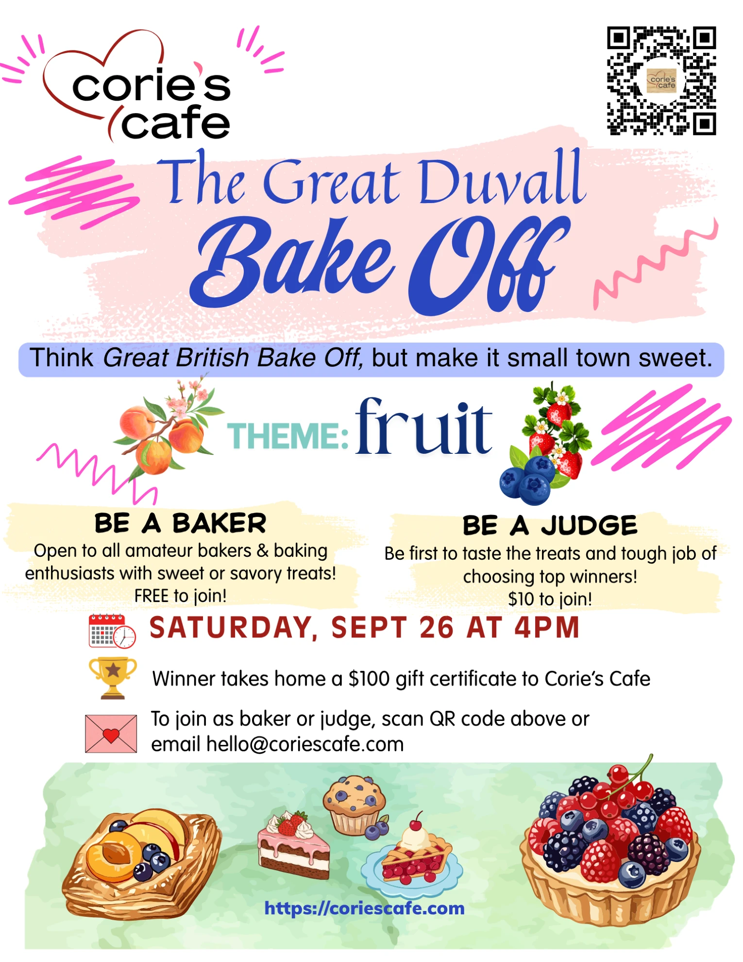 The Great Duvall Bake Off flyer — Saturday September 26 at 4 PM, fruit theme, at Corie's Cafe