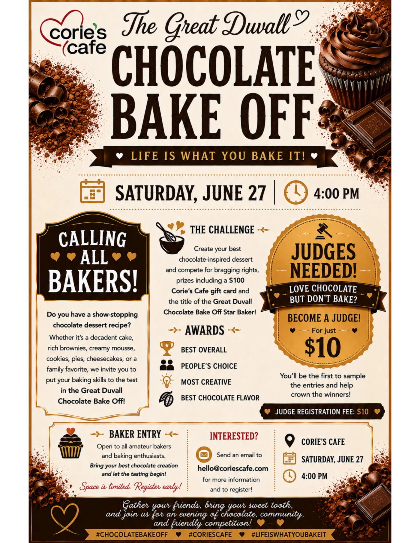 The Great Duvall Chocolate Bake Off flyer — Saturday June 27, 4 PM at Corie's Cafe